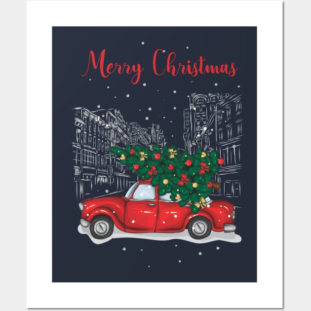 Christmas tree and gifts in a red car! - Happy Christmas and a happy new year! - Available in stickers, clothing, etc Wall Art by Crazy Collective